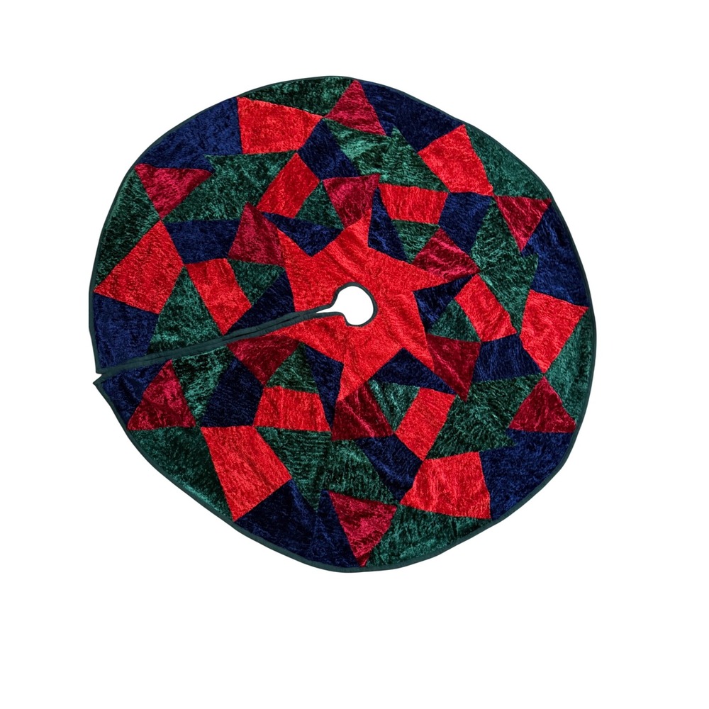 Vintage Patchwork Velvet Christmas Tree Skirt 54 Inch Red Green Navy Blue Star